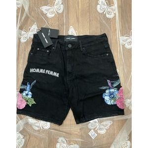 Size 32 Homme + Femme Black Jean Shorts Embroidered Flower Humming Bird NWT